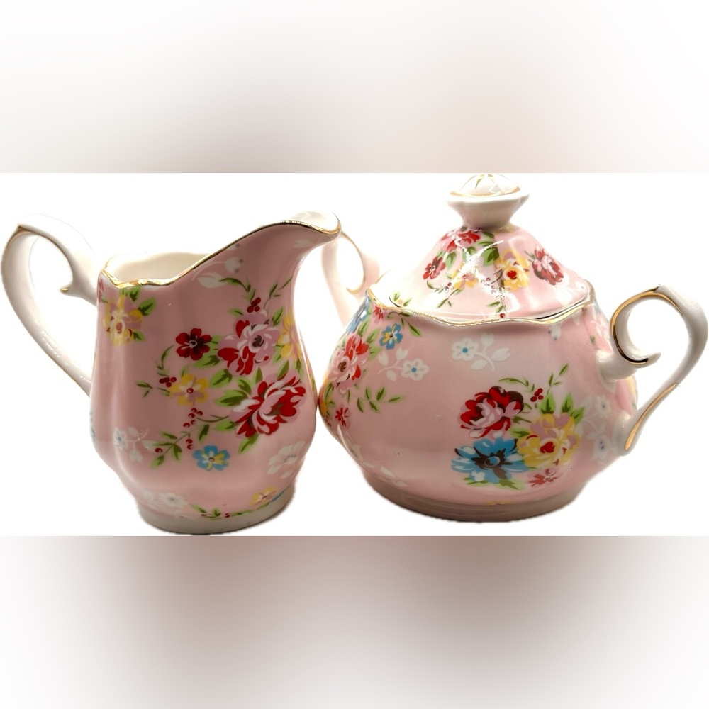 Charming Floral Pink Creamer and Sugar Set, Multicolored, Great Preowned Cond.